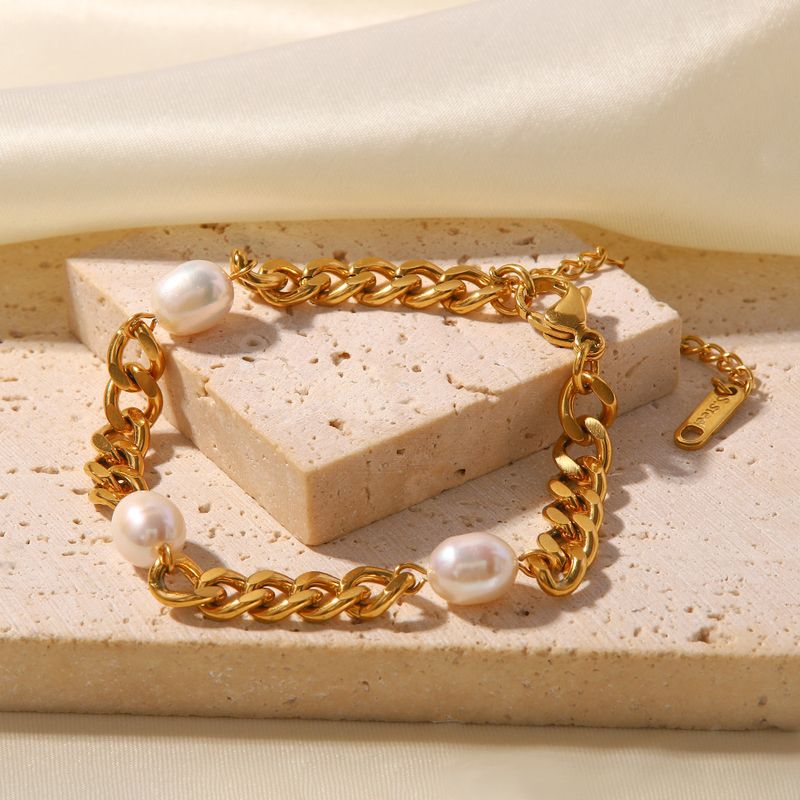 6mm Wide Stainless Steel Cuban Chain Three Pearl Fashionable And Simple Vintage Versatile Style Bracelet_voghion.com