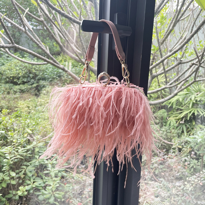 Rose Red Ostrich Feather Ring Box Small Square PU Chain Crossbody Shoulder Plush Women's Bag_voghion.com