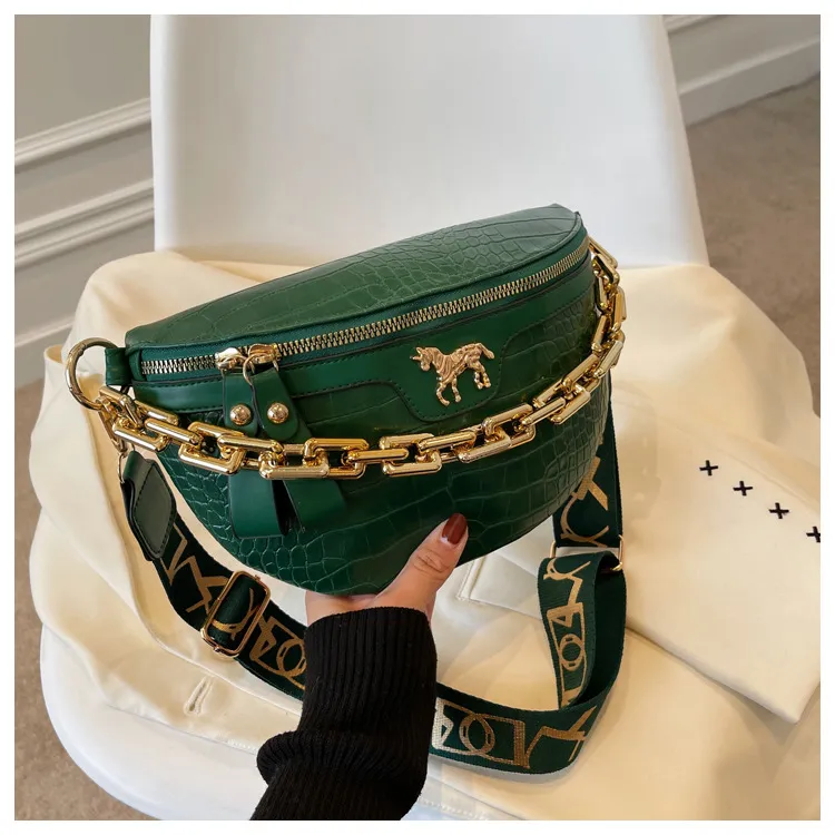 Thick Chain Women's Waist Fanny Pack Fashion Crossbody Chest Bags Female Belt Crocodile Shoulder Bag_voghion.com