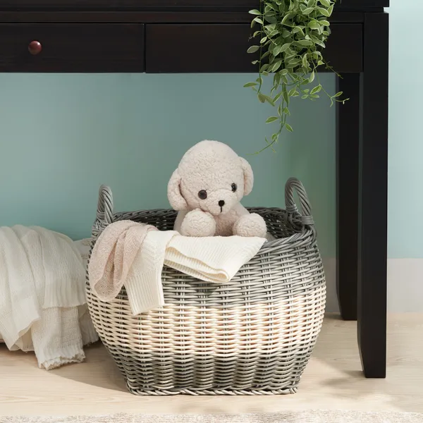 Zita Oval Resin Woven Wicker Multi-Use Storage Basket With Handles - 18' X 15' X 15' - White-Gray - For Towel, Toys, Magazines Storage And Home Deco_voghion.com