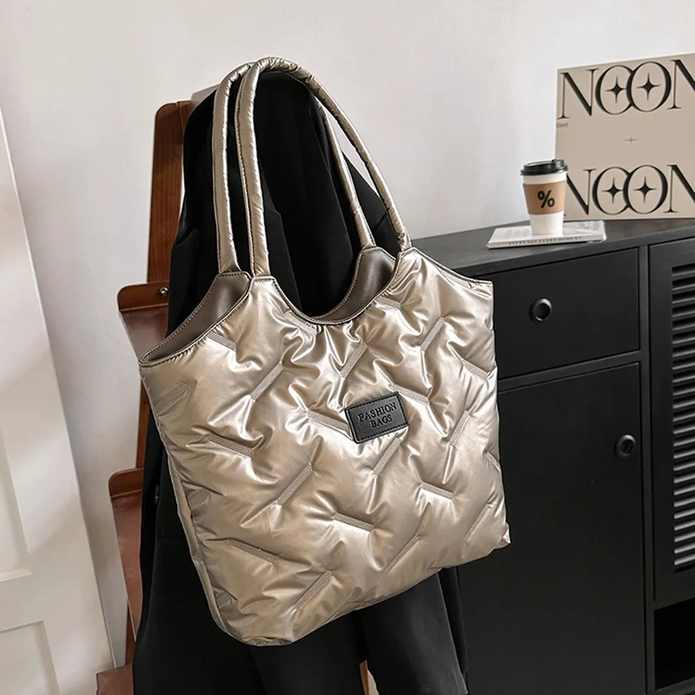 Borsa a mano imbottita in cotone da donna, trapuntata, grande capacità, invernale, casual, morbida e soffice._voghion.com