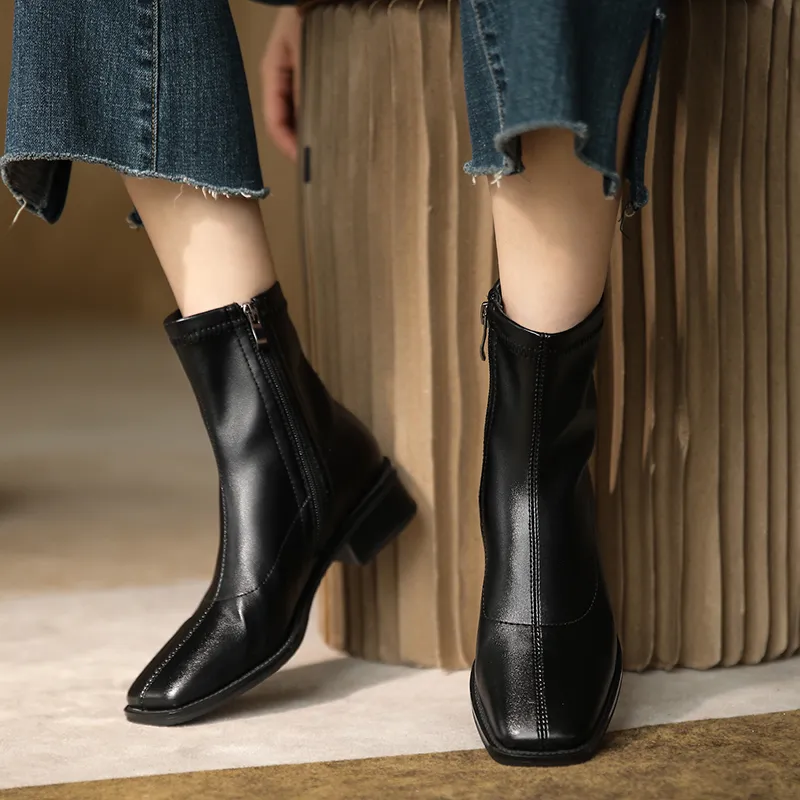 JOZHAMTA Size 34-42 Stretch Soft Leather Thick Heels Shoes For Women Winter 2023 Zipper Retro Ankle Boots Elastic_voghion.com