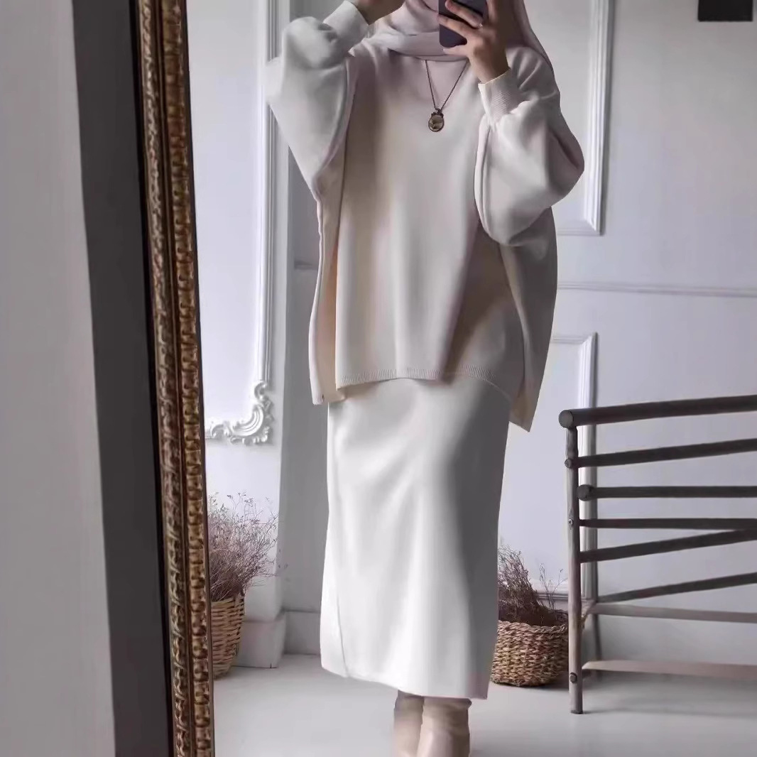 ​​Women’s Oversized Knit Sweater & Straight Skirt Set – Minimalist Two-Piece Outfit (S-3XL, White/Maroon/Khaki/Black)​​