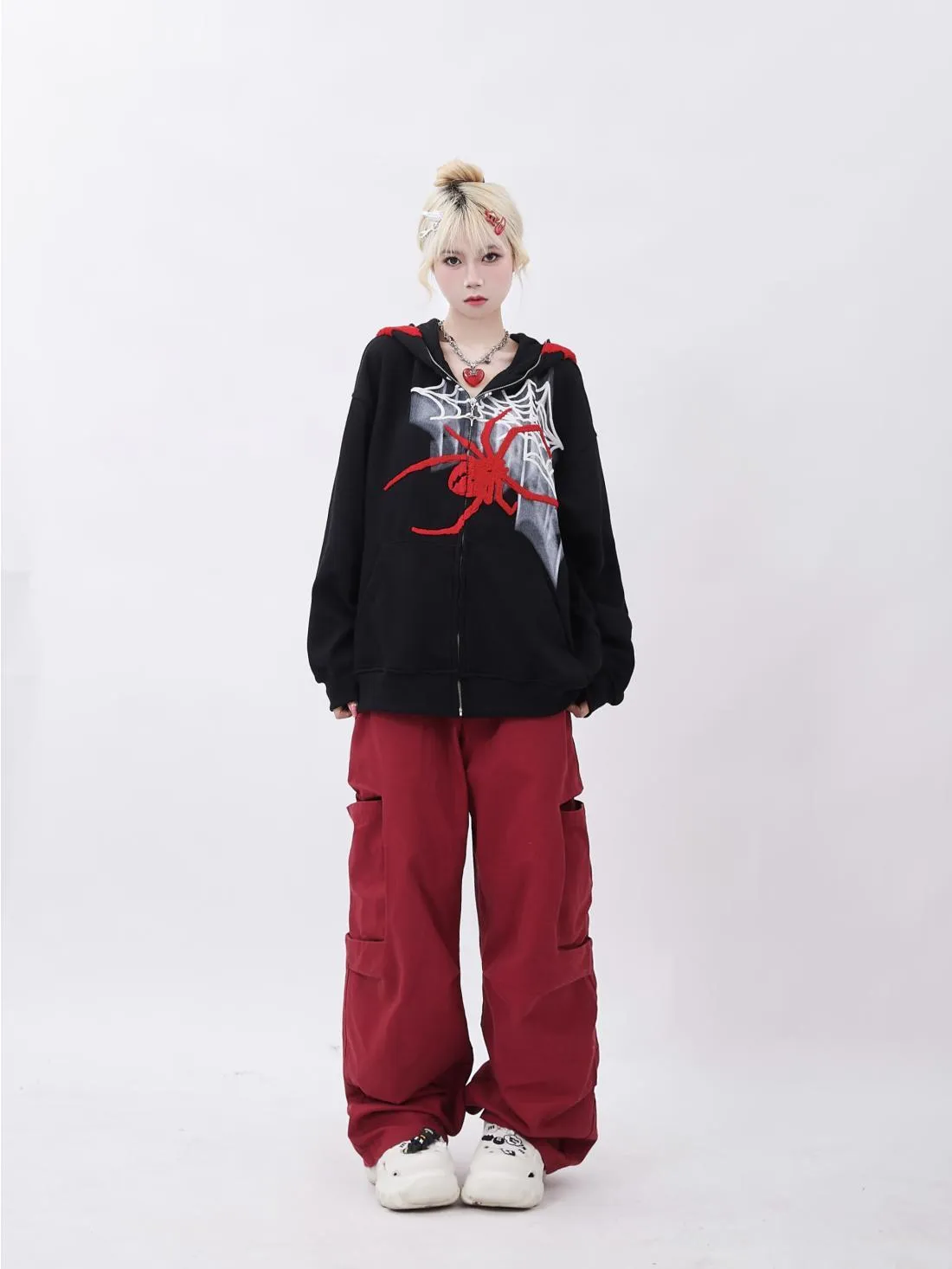 Designers Dark Monster Horns Spiders Webs Graphic Sweatshirt Loose Overiszed Zip Up Hoodie Gothic Y2K Kawaii Clothes Haruku Winter_voghion.com