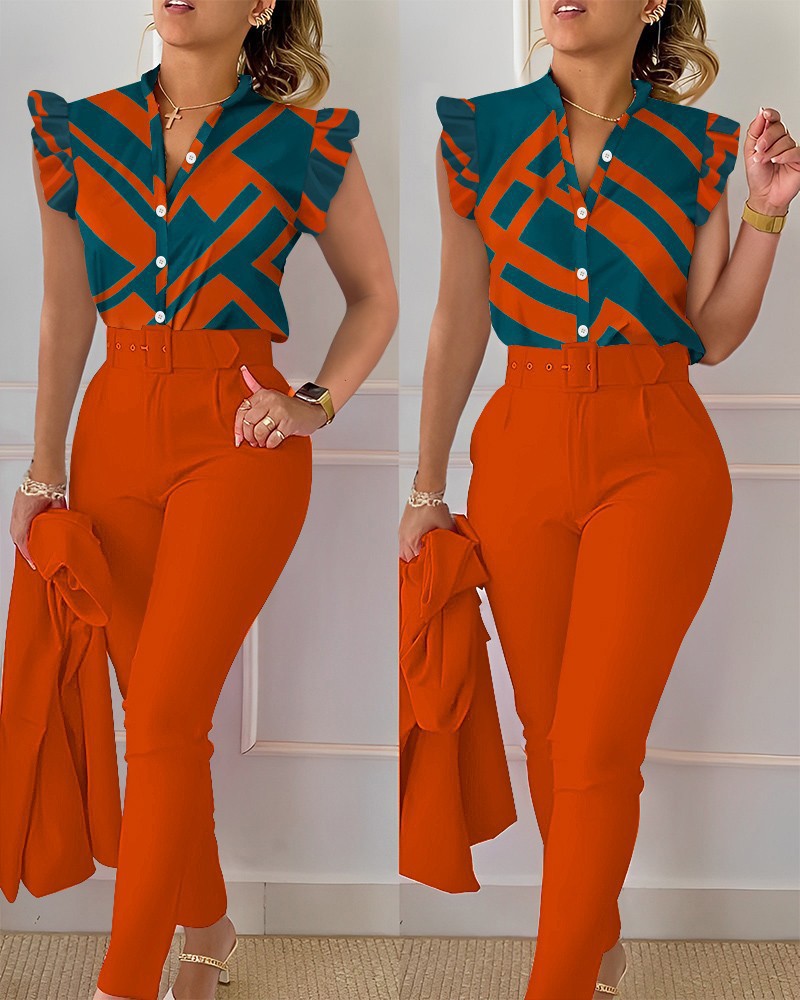 Women's Fashion Casual Lotus Leaf Sleeve Vest Two-piece Suit Women's Clothing_voghion.com