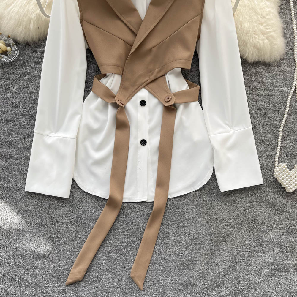 Ženska oblačila Ženska dvodelna obleka za ženske v jeseni, modna in elegantna, večplastna kratka majica brez rokavov, bela srajca z dolgimi rokavi_voghion.com