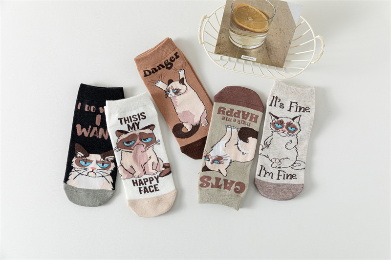 5pcs Of Spring And Summer Cartoon Women's Tube Boat Casual Japanese Style Short Cute Letter Cat Straight Socks_voghion.com
