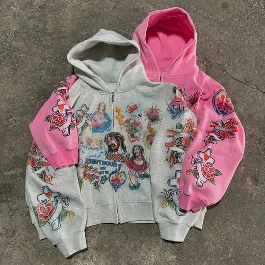 Vintage Risen King Graphic Print Oversized Zip-Up Hoodie Men Y2K Autumn Long Sleeves Casual Sweatshirt Streetwear Women_voghion.com