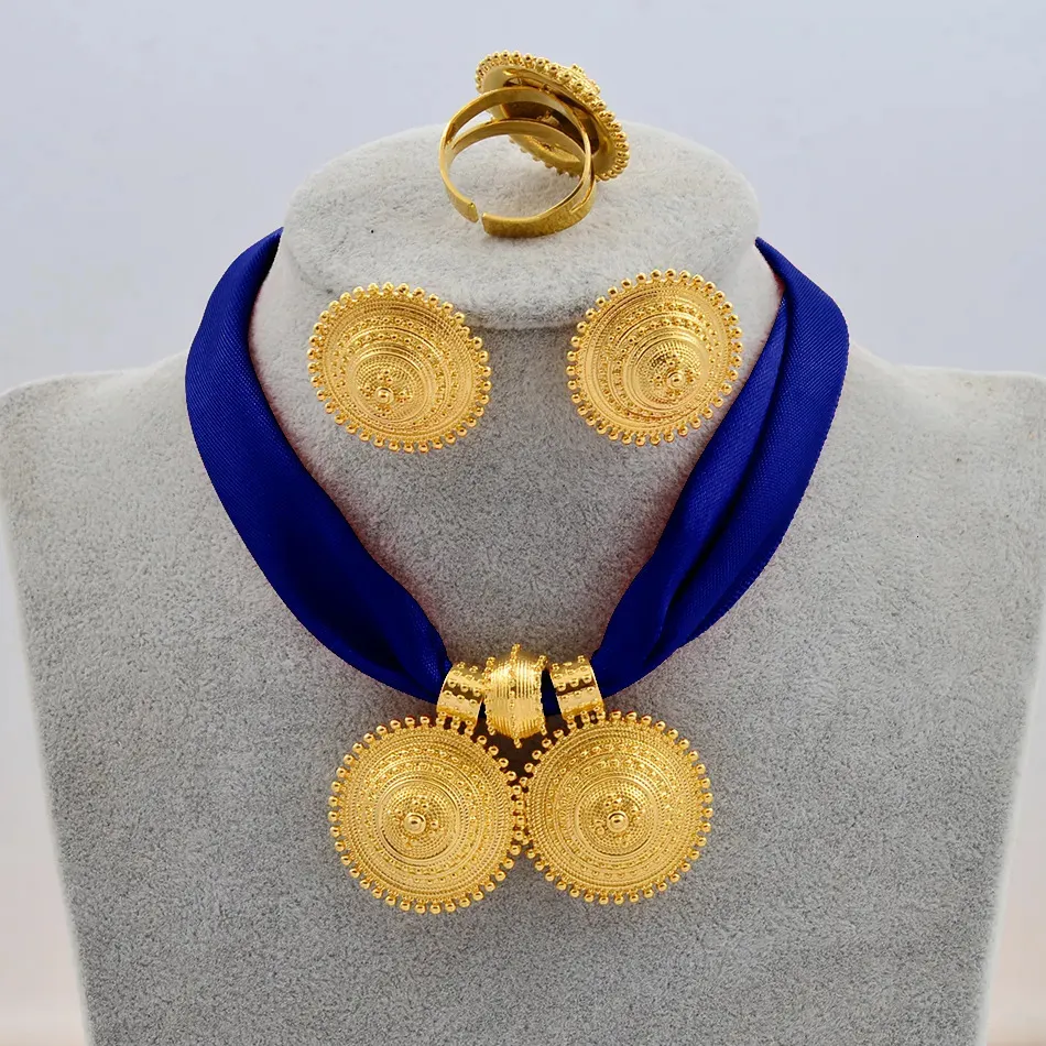 Hochzeitsschmucksets Anniyo DIY Seilkette Äthiopisches Set Goldfarbe Eritrea Ethno-Stil Habesha Anhänger Ohrringe Ring_voghion.com