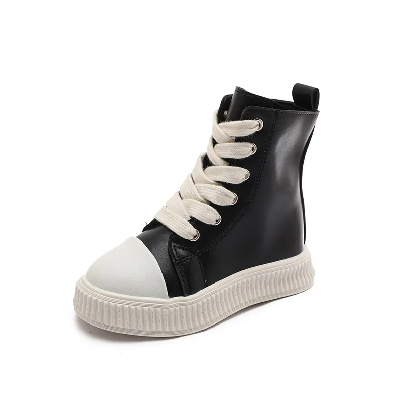 Tênis plataforma infantil preto vermelho couro zíper cadarço crianças meninos meninas casual happysteps fundo grosso criança alta_voghion.com