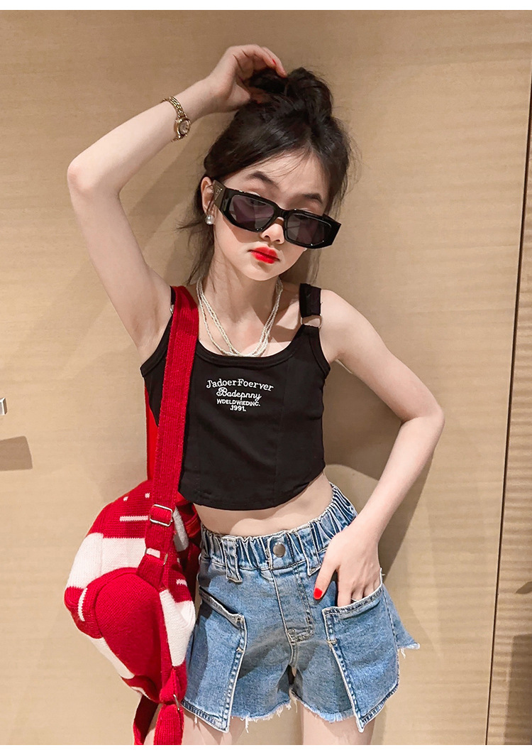 Mutter & Kinder Mädchen sommer chic neckholder-hipster kinder sommer lässig brief denim shorts Spice Girls zwei-stück set_voghion.com