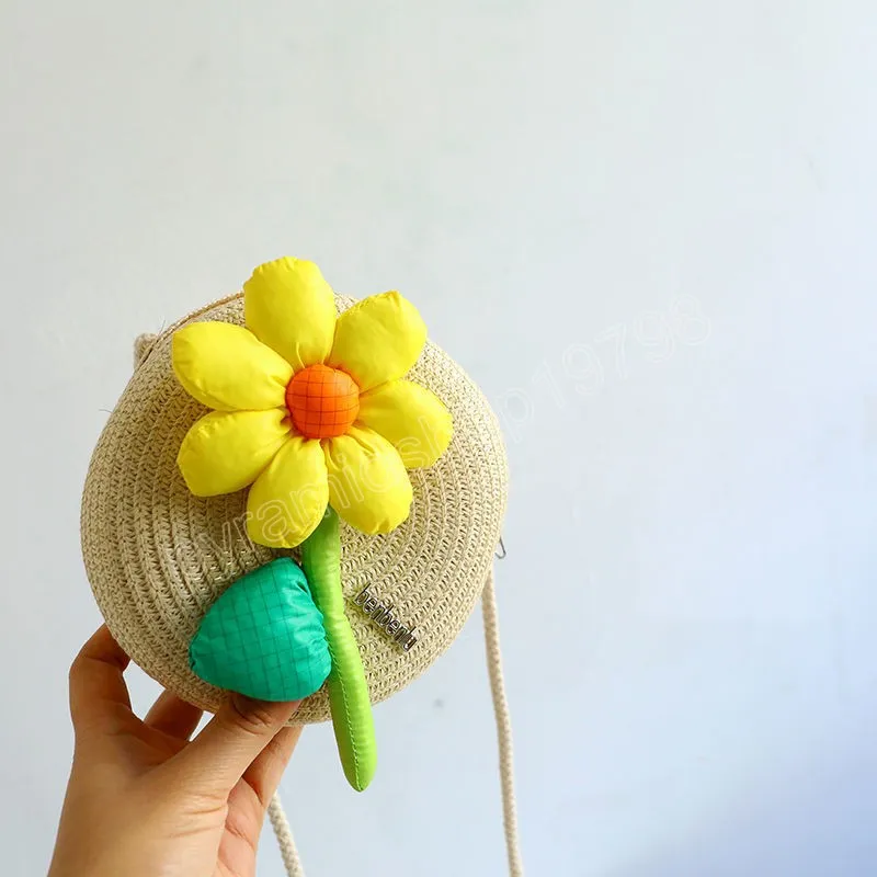 Suower bebê meninas pequena bolsa de moedas handbas crianças artesanal palha praia ombro adorável floral crianças redonda crossbody_voghion.com