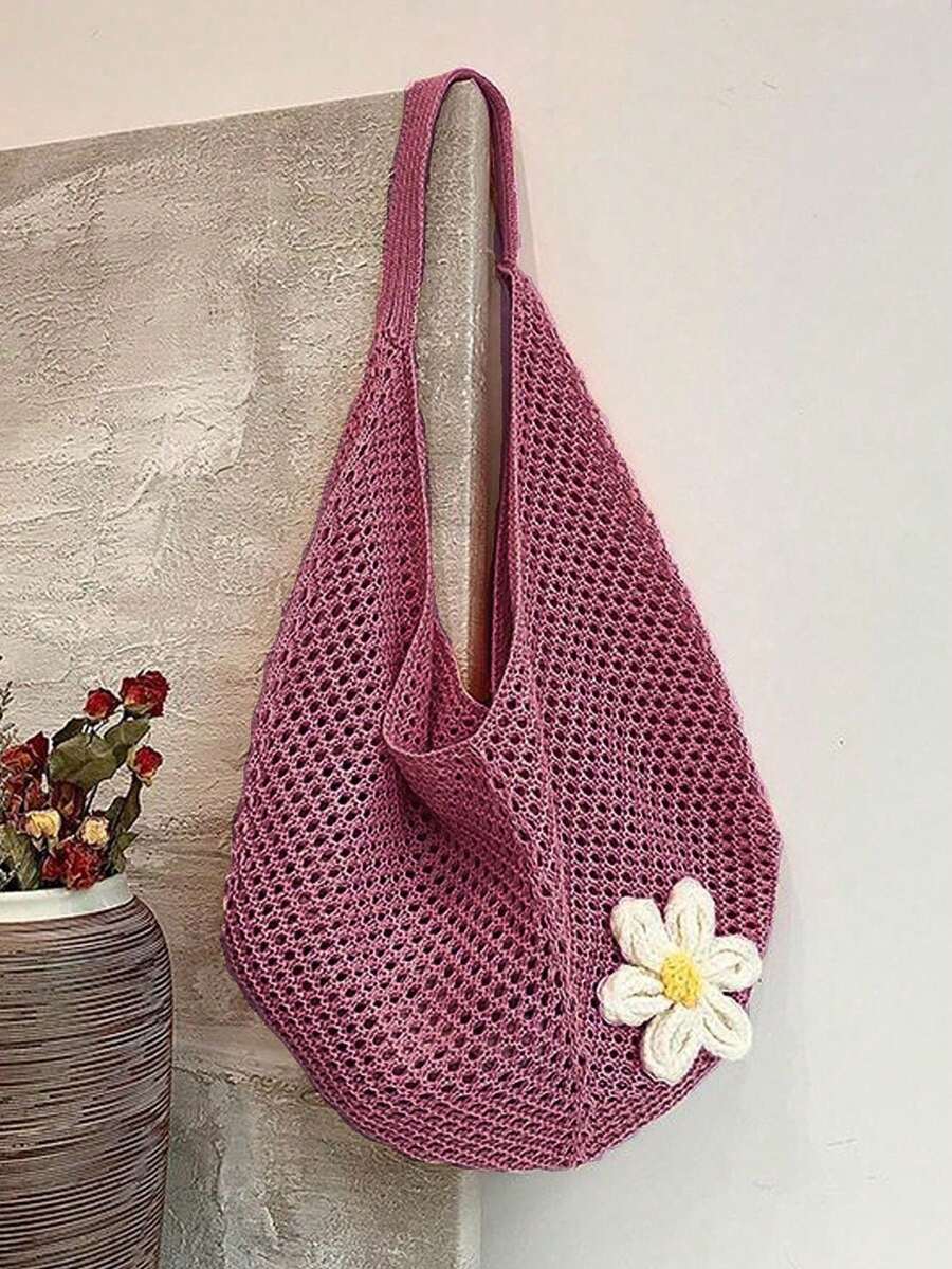 Woven Bohemian Style Handbag, Hollow Slouchy Women's Casual Beach Large Capacity Crochet Floral Fashion Tote Bag,_voghion.com
