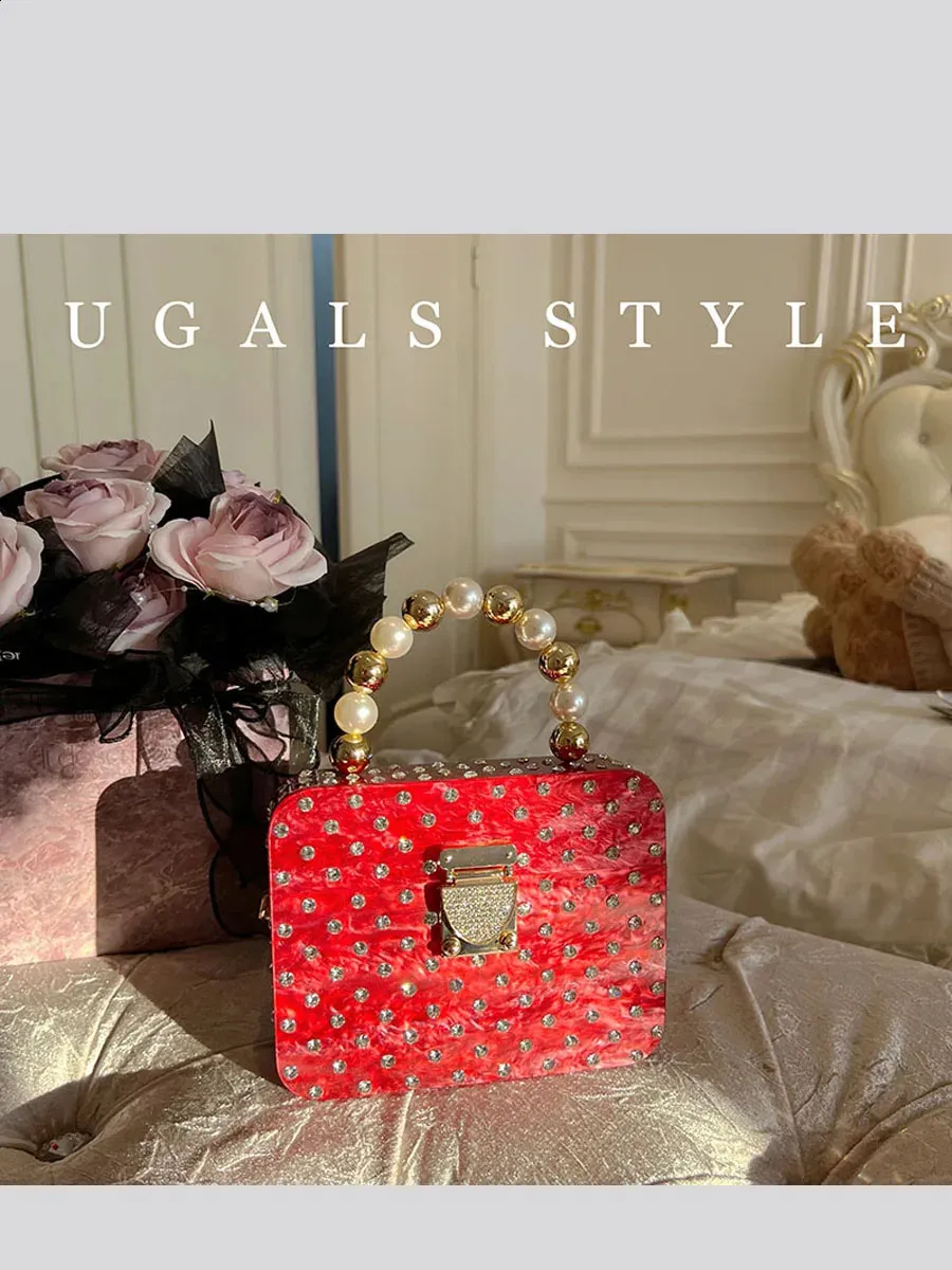 Acryl-Box-Form-Clutch-Tasche Perlengriff Handtasche Dia Metall glänzend Gold Frauen Abendparty süße Geldbörse Hochzeit 240822_voghion.com