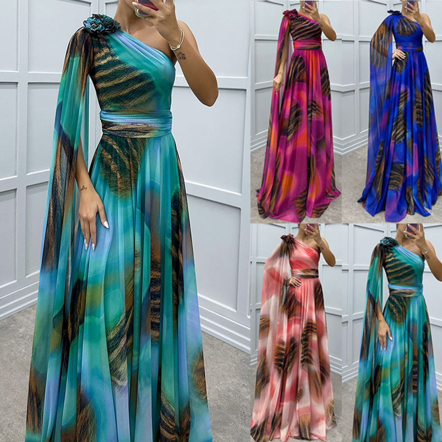 Vestido de fiesta holgado e informal con hombros descubiertos y estampado de gasa para mujer