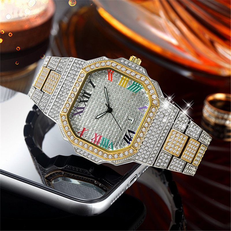 Men's Luxury Hip Hop Diamond Quartz Watch With Gold/Silver/Rose Gold Tone, Date Display, And Stylish Design For Casual & Formal Wear_voghion.com