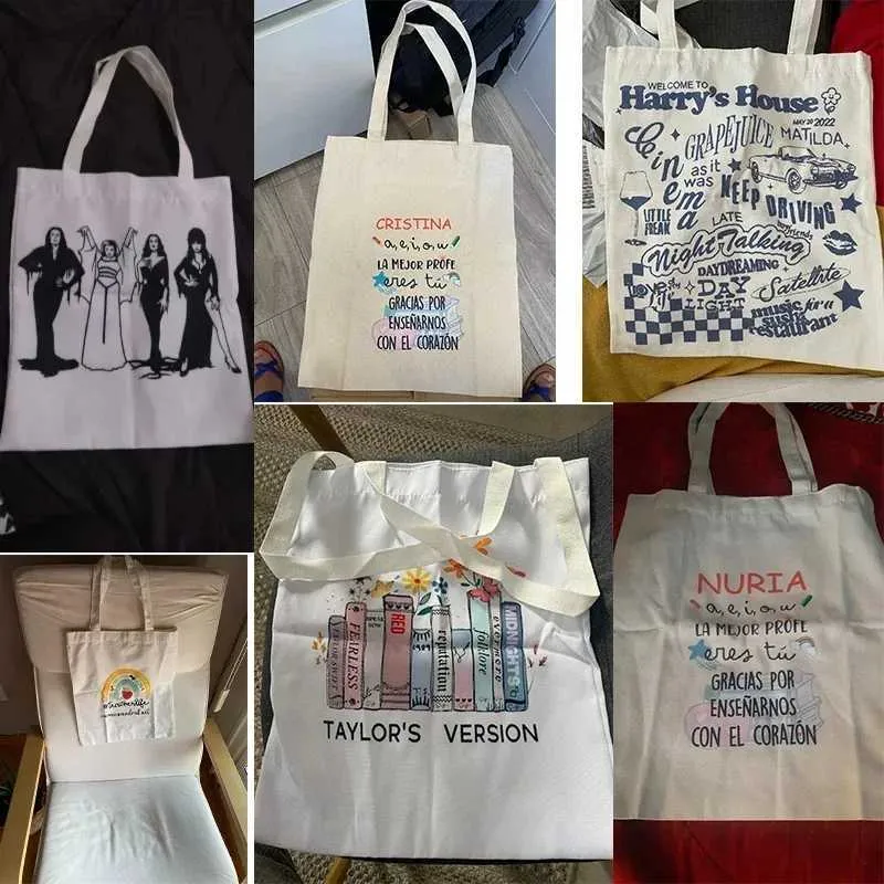 Funny Print canvas Fi handbag girl Carto Enviromental large capacity portable shopping bag Y241109_voghion.com