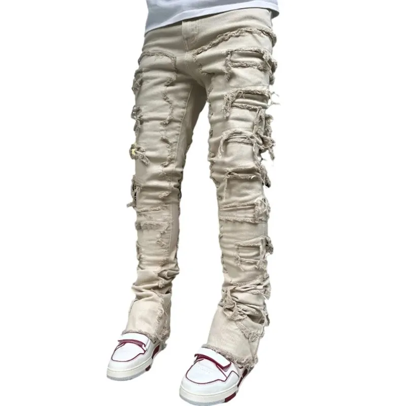 E15E Herren Stacked Jeans Fit Zerrissene Destroyed Gerade Jeanshose Vintage Hip Hop Hose Streetwear 240415_voghion.com