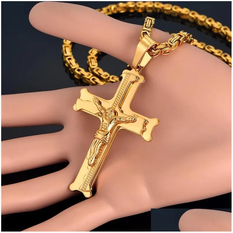 14 karat guld stort Jesus kors vedhæng med lang kæde herre farve krucifiks halskæder mandlige relius smykker drop levering_voghion.com