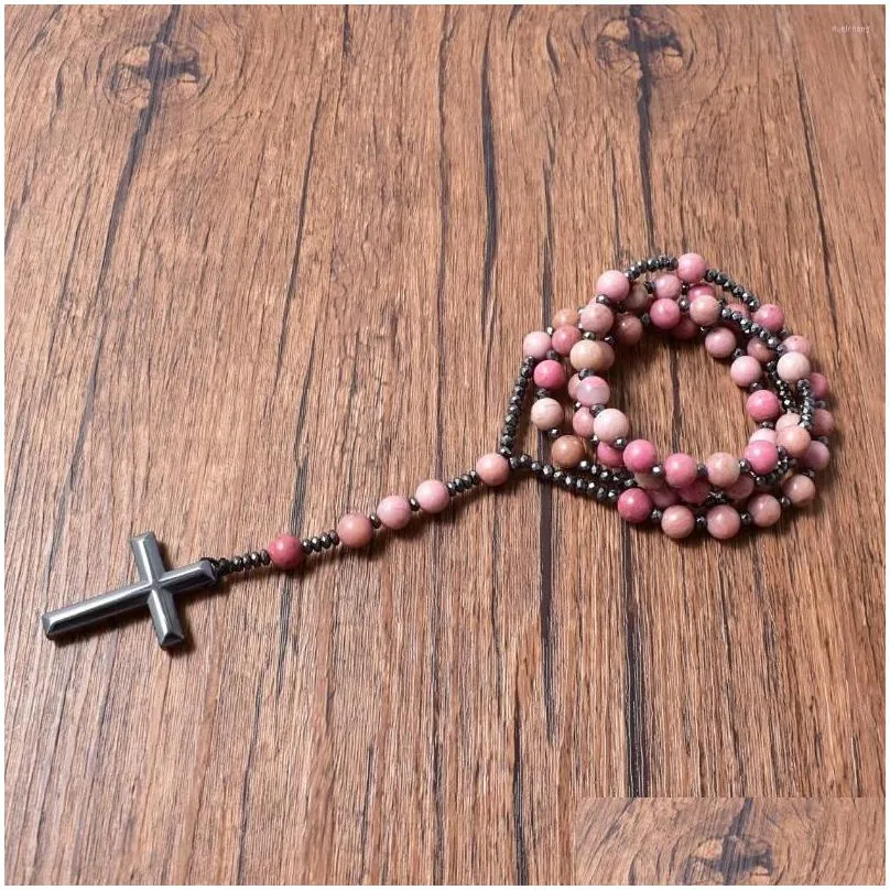 Rhodonite And Hematite Rosary Pendant Necklace For Men And Women_voghion.com