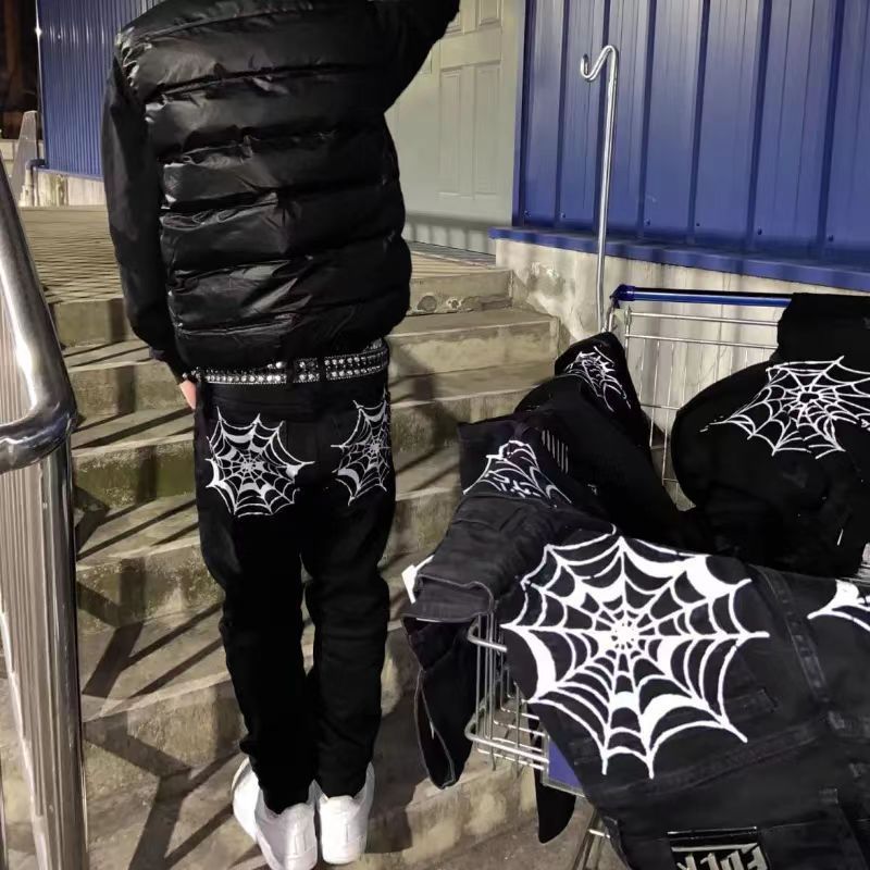 Grenzüberschreitende beliebte europäische und amerikanische Hip-Hop-Trendmarke mit Spinnennetz-Print, Jeans für Herren,_voghion.com