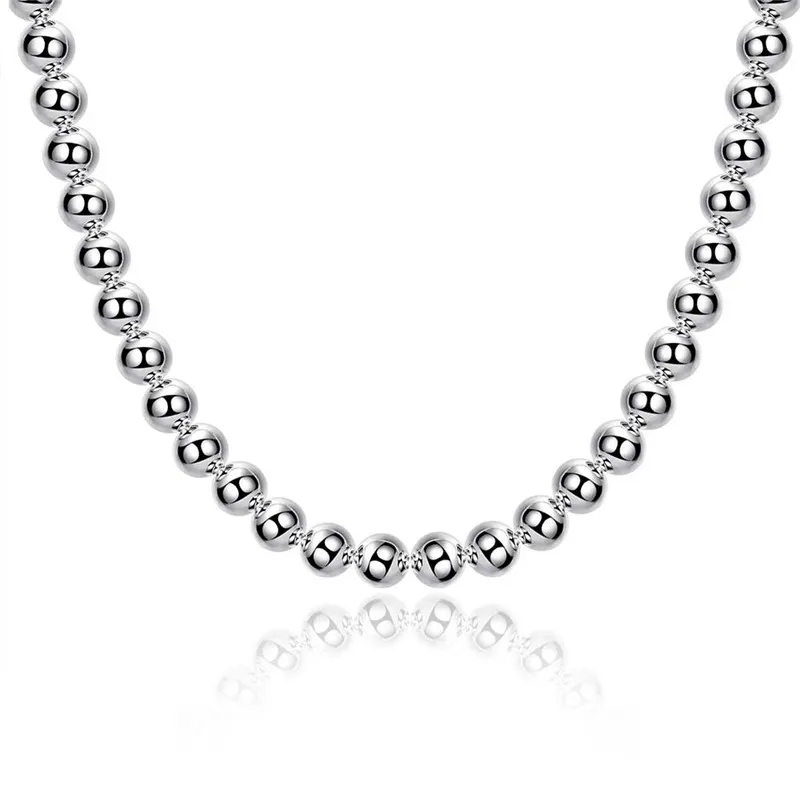 Sterling Silver Beaded Necklace For Women Classic Smooth Chain_voghion.com