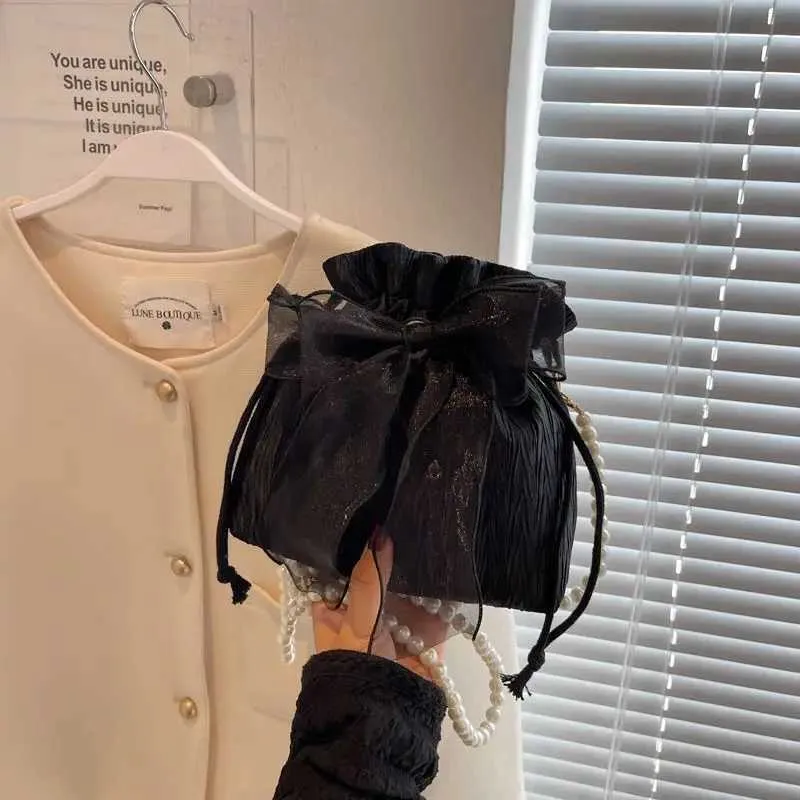 Spitze Schleife Satin Eimer Frauen Mode süße Perle Kette Schulter Umhängetasche Kordelzug Handtasche Party Kupplung_voghion.com