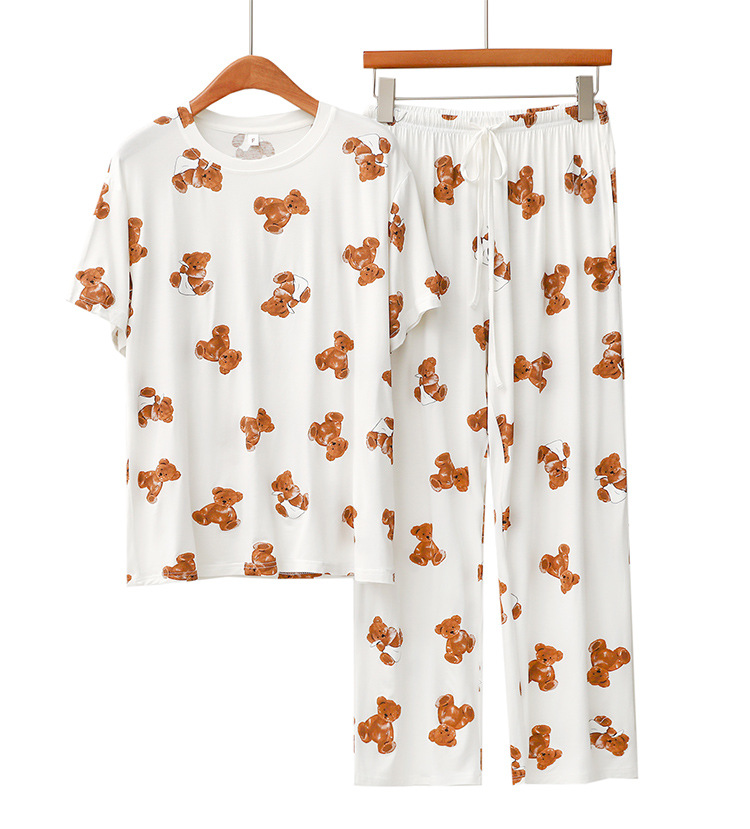 Vêtements pour femmes pyjama modal pour femmes en été mince ours de dessin animé confortable doux col rond pantalon à manches courtes vêtements de maison_voghion.com