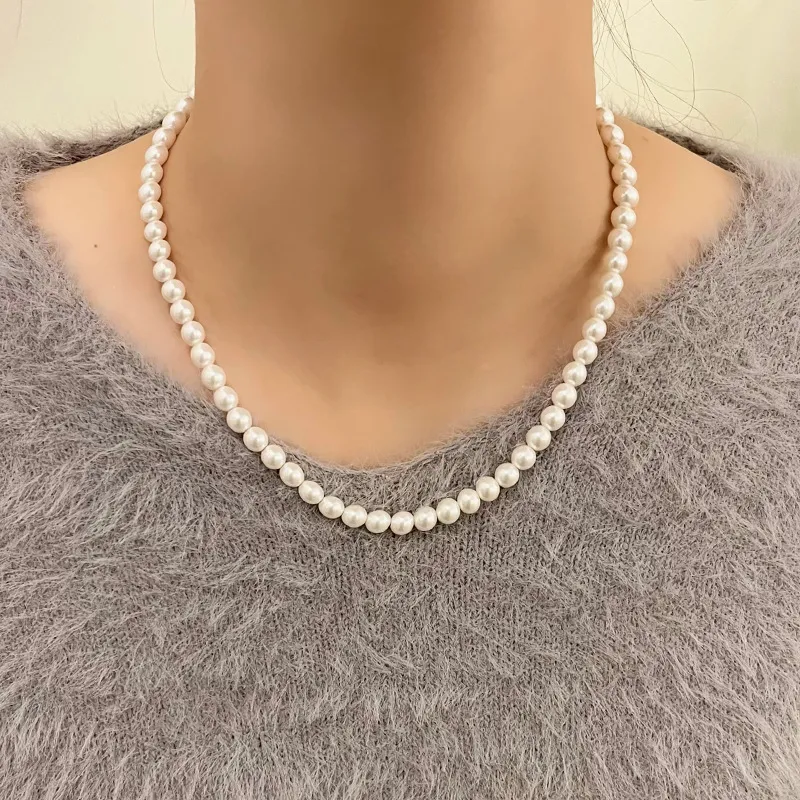 Collier de perles simulées en verre pour femme et fille, bijoux modernes, élégant, tempérament, perles de couleur grise et blanche brillantes_voghion.com