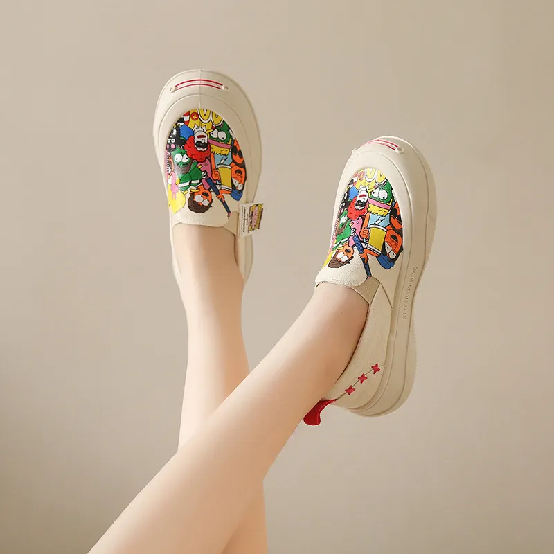 Thick Soled Shallow Mouthed Cartoon Printed Skateboard Shoes With Breathable And Comfortable Mesh Fabric For Casual Wear_voghion.com
