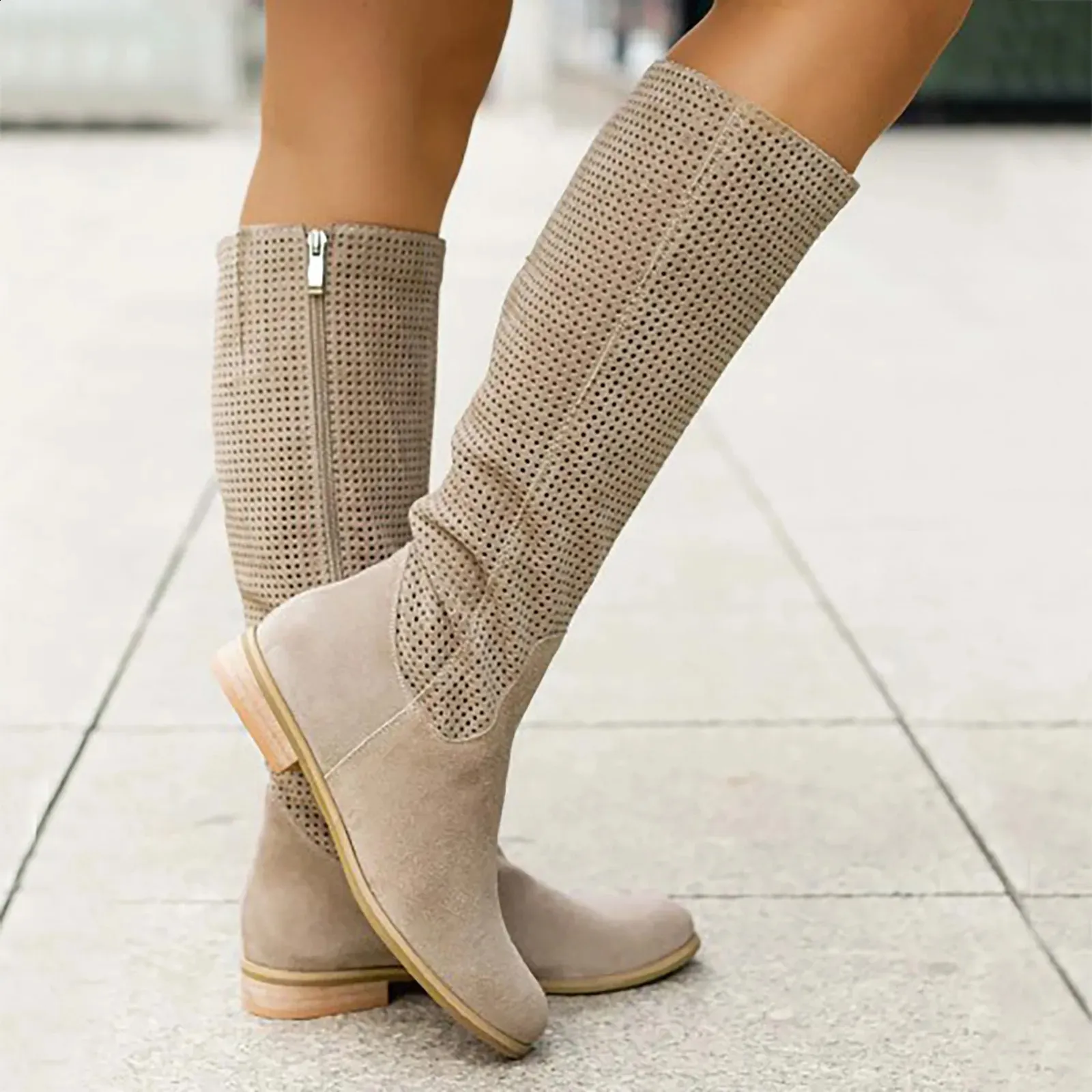 Autumn Winter Artificial Suede Casual Low Heels University Style Shoes Zipper 40-43 Womens Knee High Boots 241116_voghion.com