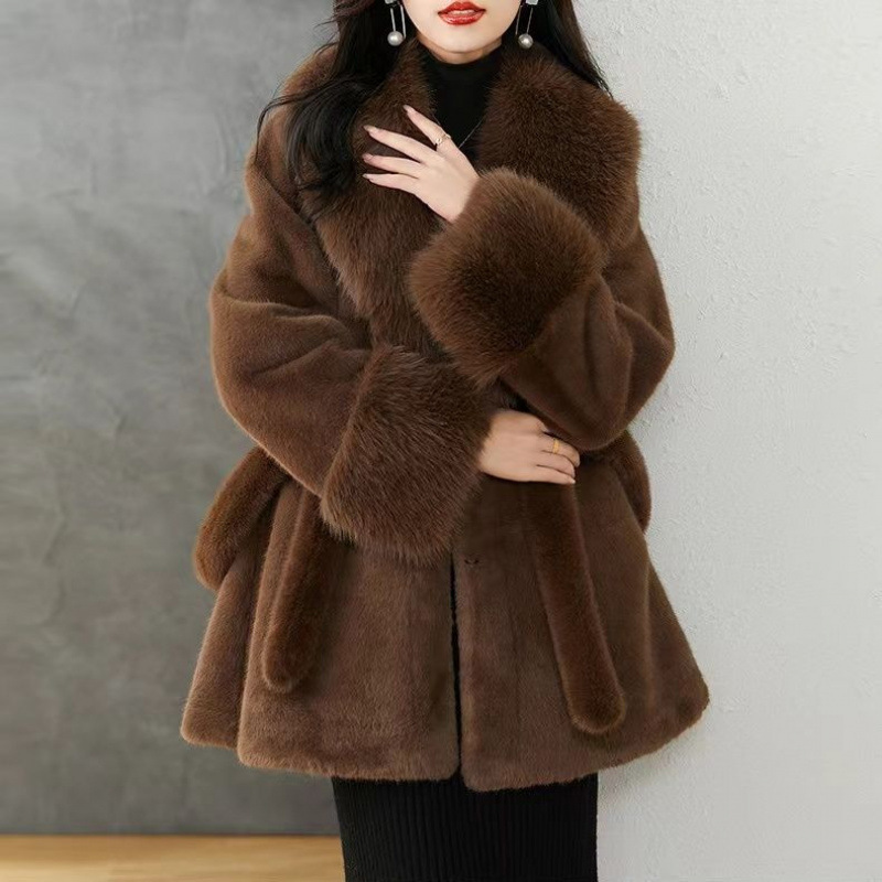 ​​Luxury Mink Fur Coat For Women - Fox Fur Collar, Slim Fit, Elegant Winter Outerwear With Belt, ​​