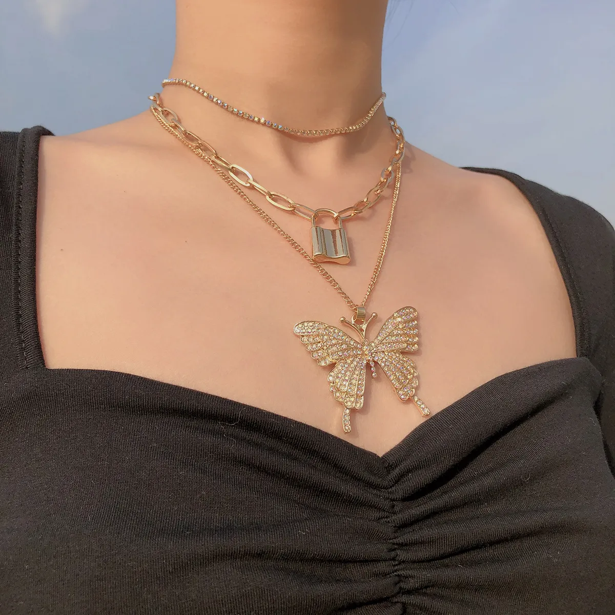 Iced Out Chains Κολιέ με πεταλούδα χρυσό Γυναικείο Link Κρεμαστό μενταγιόν με κρύσταλλο Rhinestone Κλειδαριά για ζώα_voghion.com