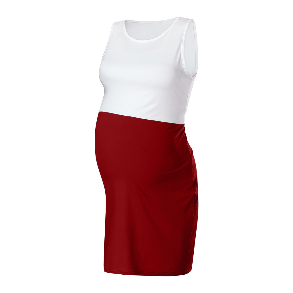 Family matching women's clothing sleeveless contrast color stitching maternity dress dress hip skirt_voghion.com