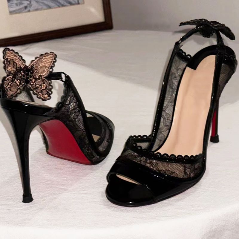 Women’s Peep-Toe Patent Leather High Heels – 9cm Stiletto With Lace Bow & Red Sole | Breathable Cut-Out Design | Summer Evening Party Shoes