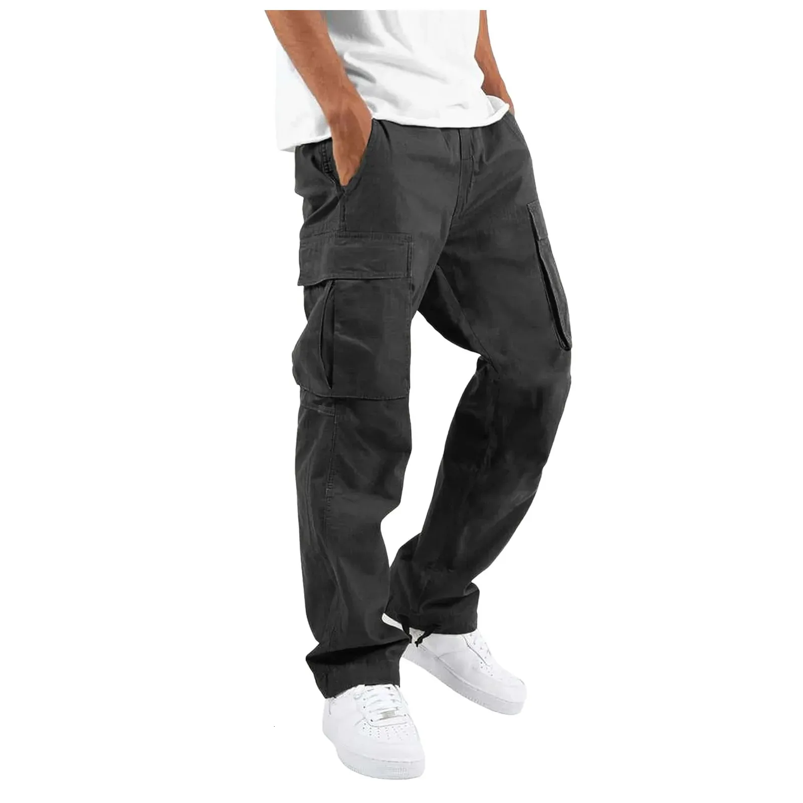 Pantalon cargo décontracté pour homme, coupe slim, couleur unie, poches, coupe droite, bas long, ample_voghion.com