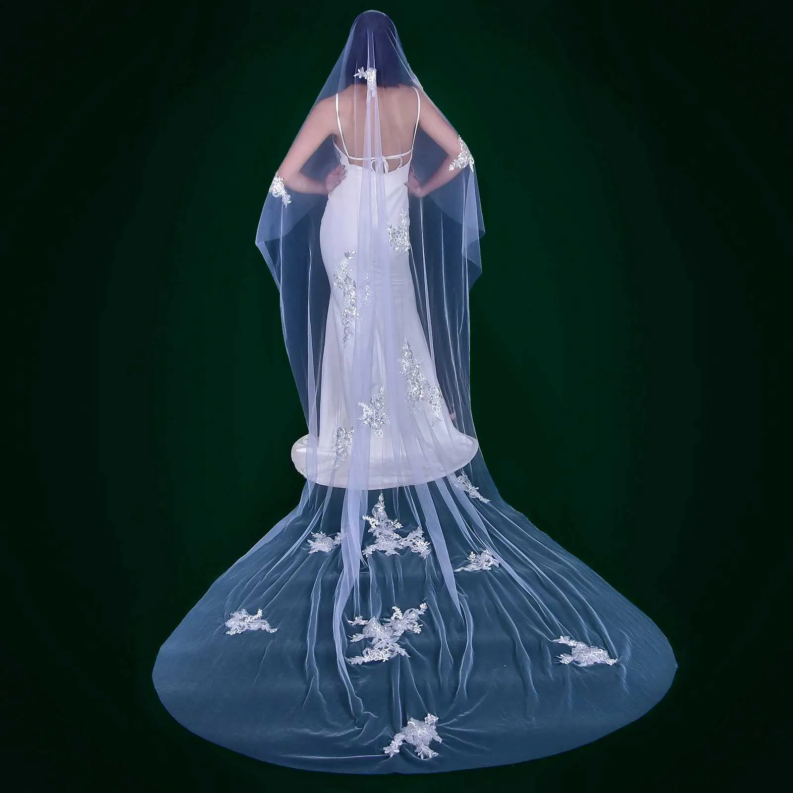 Hair Jewelry MZA53 Long Cathedral Veil Lace Appliques Bridal Veils Cut Edge 1 Tiers Soft Tulle Wedding Dress Accessories_voghion.com