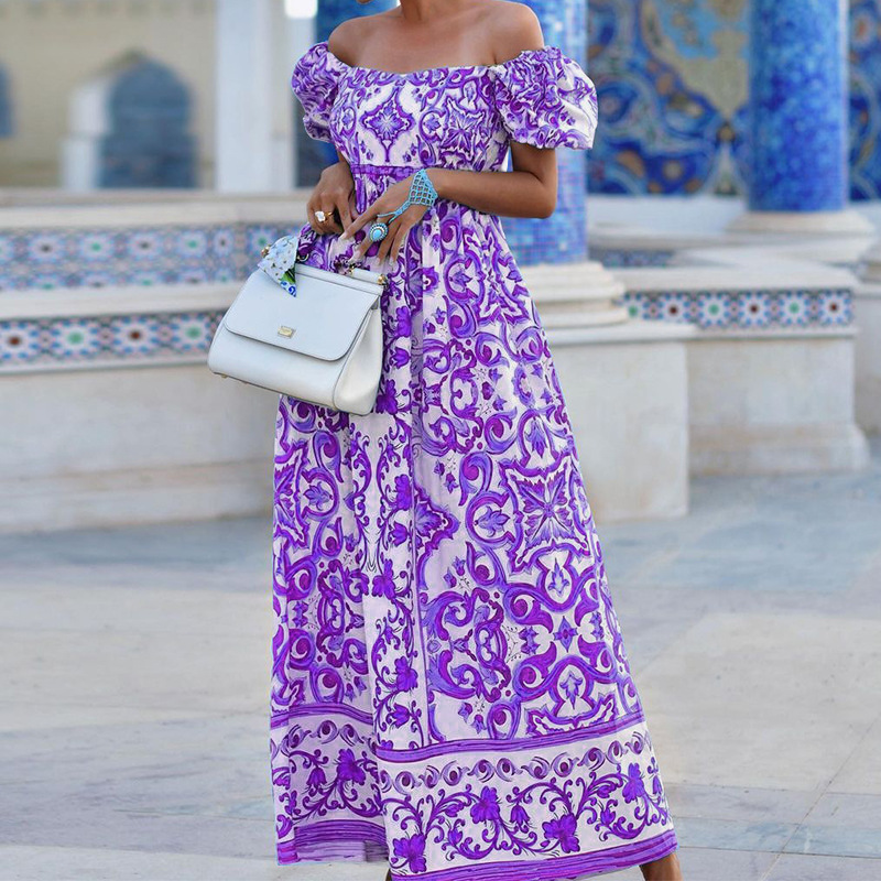 Robe imprimée bohème à la mode pour femmes, col une ligne_voghion.com