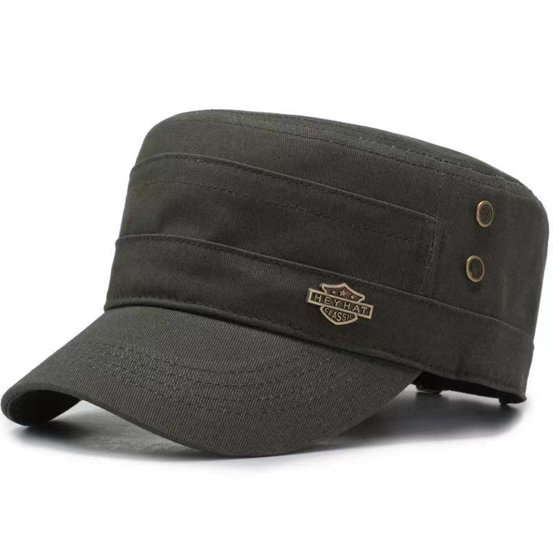 Spring/Summer Small Iron Shield Army Green Men's Fashion Sunshade Flat Top Duck Tongue Cotton Baseball Hat_voghion.com
