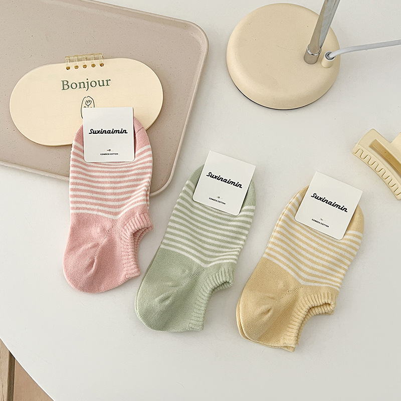 Low Cut Cotton Socks For Women Versatile Striped Candy Colours_voghion.com