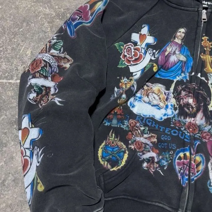 Felpa con cappuccio Y2k Retro Black Risen King Cropped Zip Up di alta qualità con cappuccio lavato con grafica gotica per uomo e donna_voghion.com