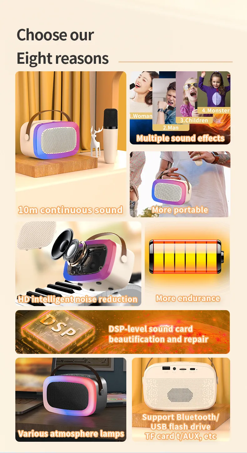 Microphones Mini Portable RGB Waterproof Children's Home Karaoke Speaker Subwoofer High Volume TWS Caixa De Som_voghion.com