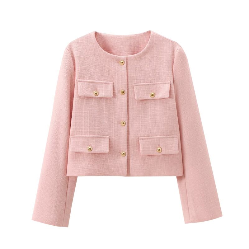 Damenbekleidung Mode Knopf Dekoration kurze Anzugjacke_voghion.com