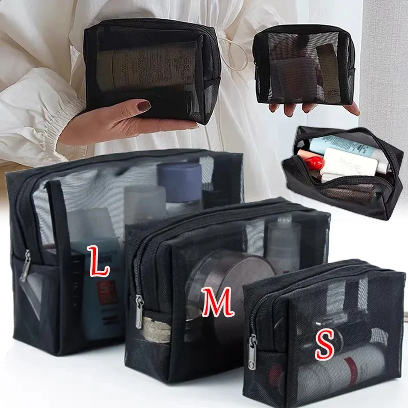 Sacs à cosmétiques transparents en maille 3 tailles, petit et grand sac de maquillage noir, organisateur de toilette de voyage Portable, rangement de rouge à lèvres_voghion.com