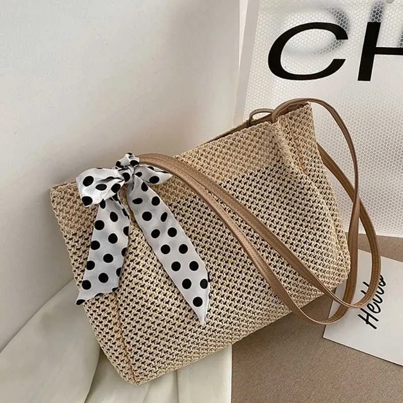 Grande borsa a tracolla estiva da spiaggia quadrata intrecciata con manico a nastro portafoglio Y241011_voghion.com
