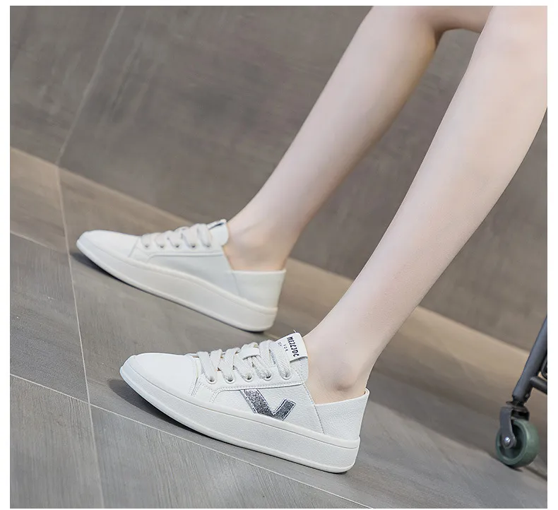 Damen Leder Runde Zehen V-förmig Dicke Sohle und Flache Öffnung Kleine Weiße Lässige Vielseitige Zweiteilige Sport-Boardschuhe_voghion.com
