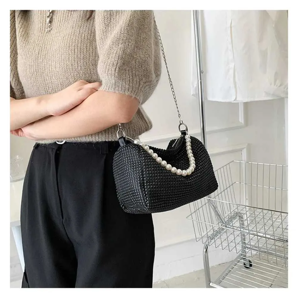 Sac messager à fermeture éclair en métal avec poignée en perles, grande capacité, sac à bandoulière décoratif à diamants brillants pour lui/voyage Y241026_voghion.com