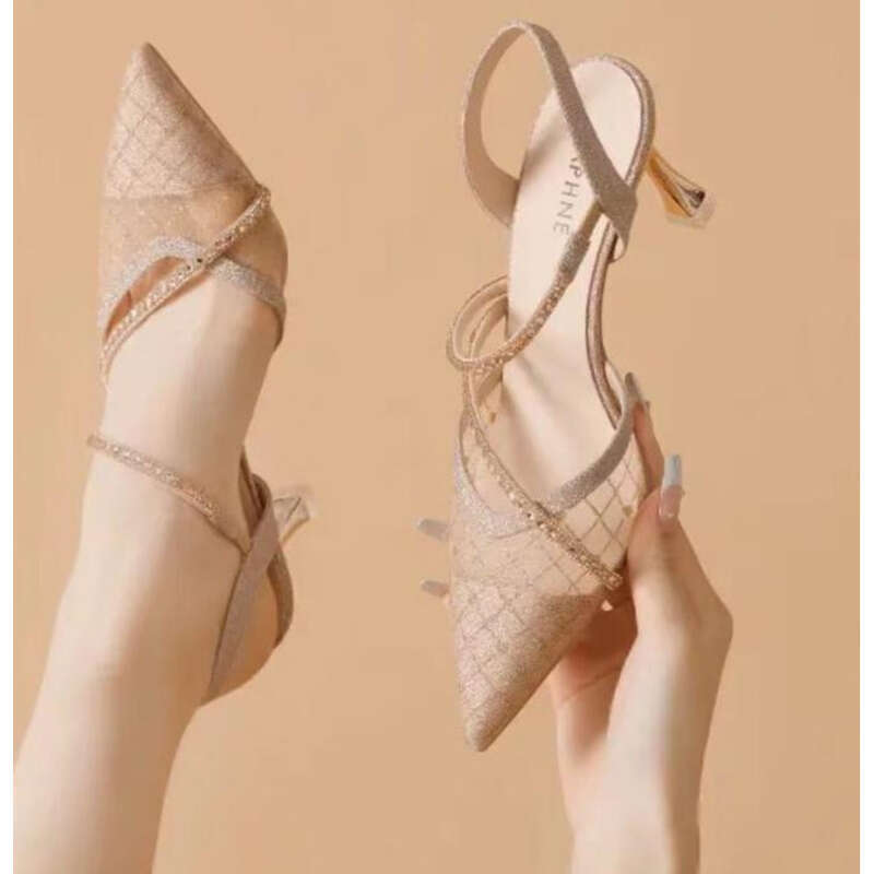 Damen Sandalen mit hohen Absätzen, Mädchen Strass spitze Zehen flach Mesh Damenschuhe,_voghion.com