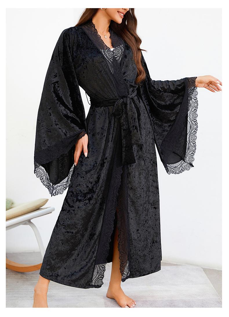 Halat de baie lung pentru femei, pijamale, sexy, dantelă, ușoară, luxoasă, cu mâneci lungi, cămașă de noapte din catifea, halat de baie, haine de casă_voghion.com