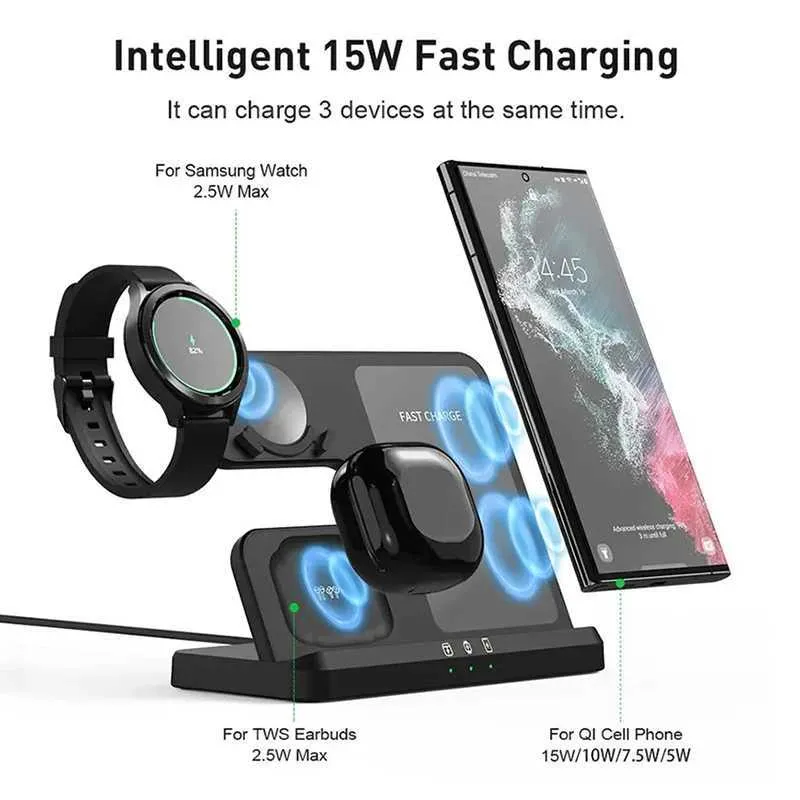 15W 3-in-1 Station Suitable For S23 S22 IPhone 15 14 13 Galaxy Watch 4 3 Earphones 2 Fast Wireless Charger Y241118_voghion.com